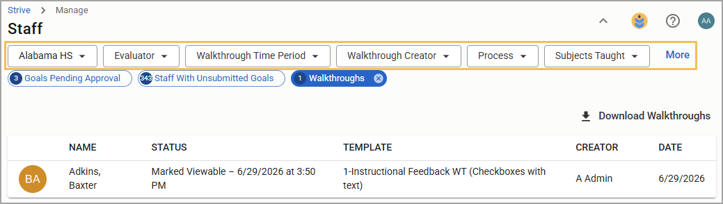 Staff management interface displaying walkthroughs and submission statuses for educators.